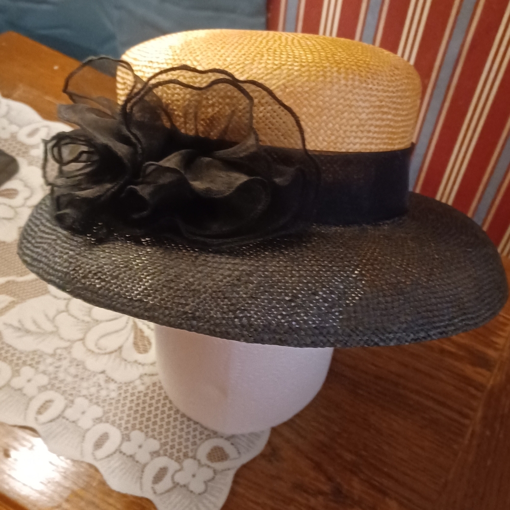 Straw Hat Black and Natural with Tulle Vintage